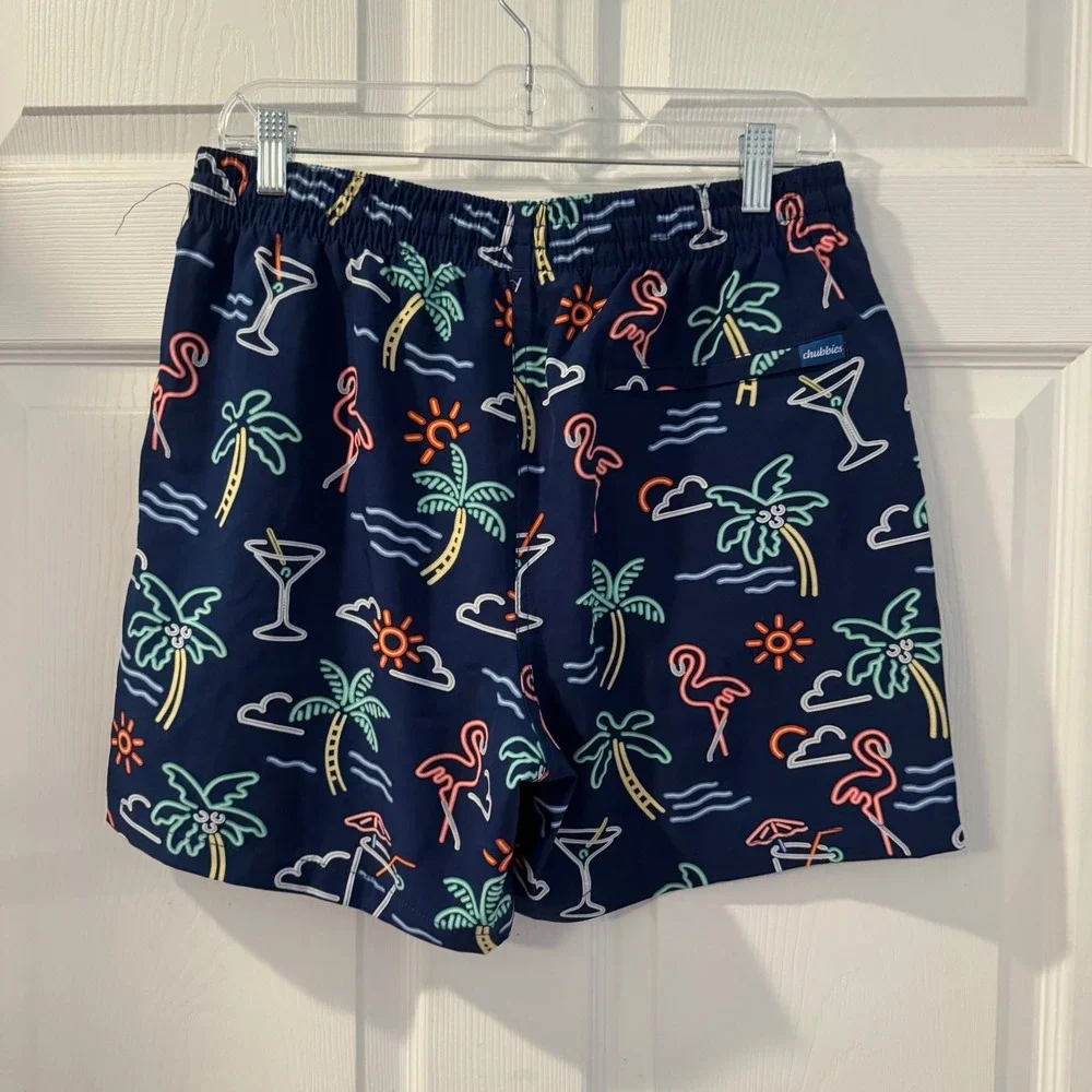 Chubbies Swim Trunks Mens Large Navy Neon Tropical Flamingo Good 5.5